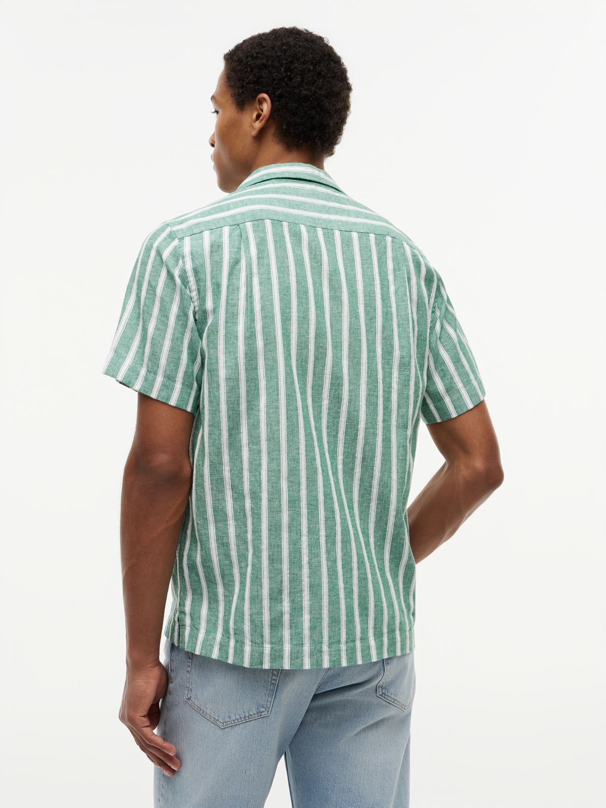 Linen Blend Textured Stripe Short Sleeve Shirt — Green