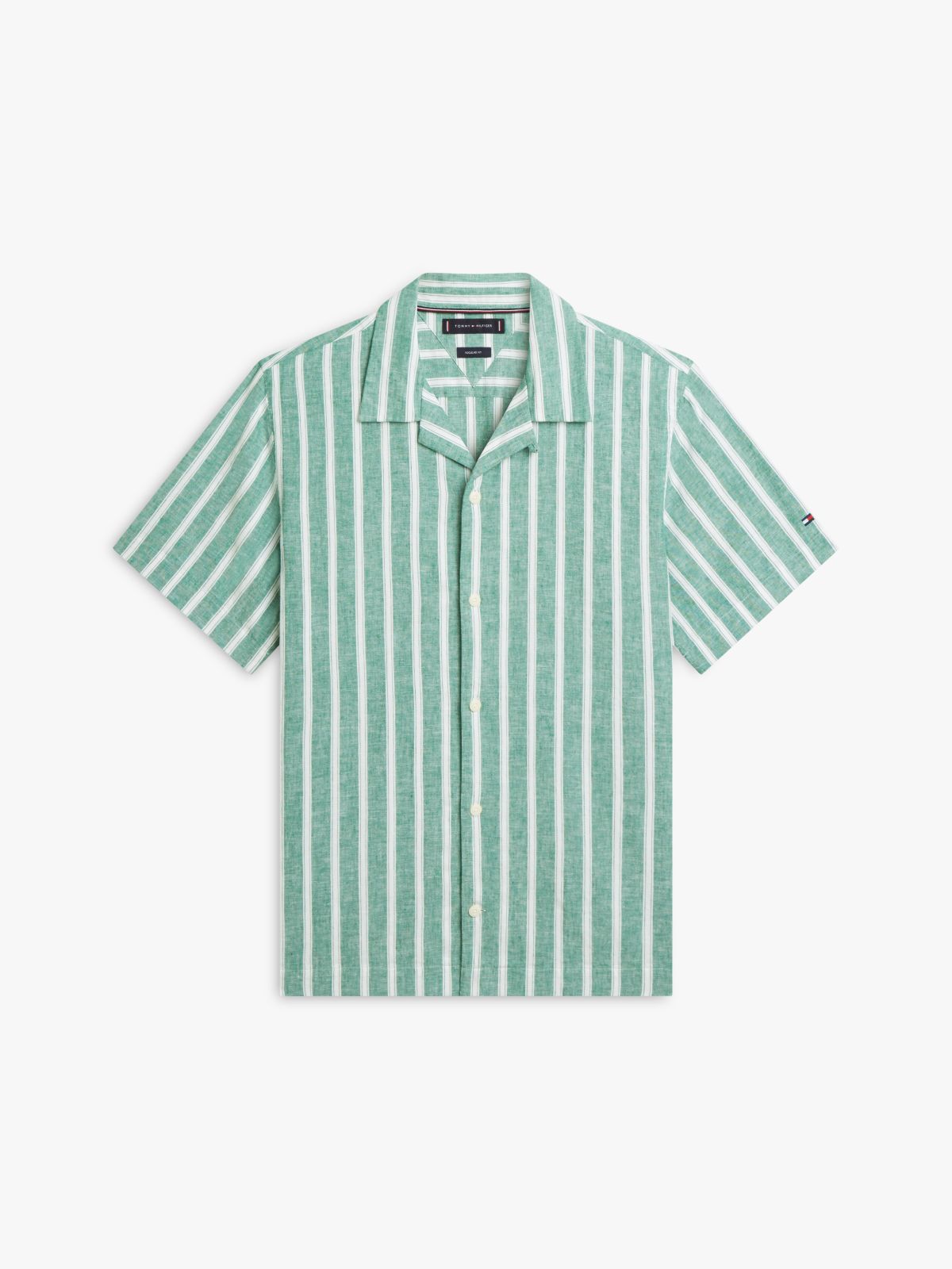 Linen Blend Textured Stripe Short Sleeve Shirt — Green