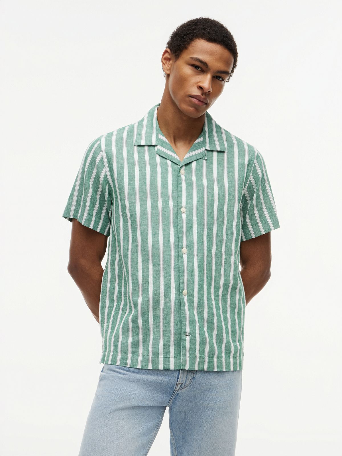 Linen Blend Textured Stripe Short Sleeve Shirt — Green