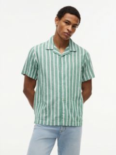 Linen Blend Textured Stripe Short Sleeve Shirt — Green 1