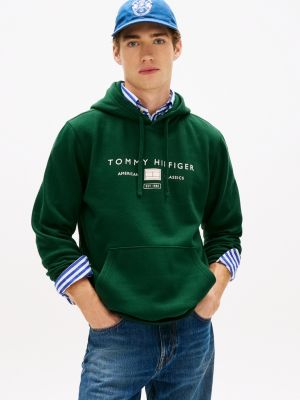green logo terry drawstring hoody for men tommy hilfiger