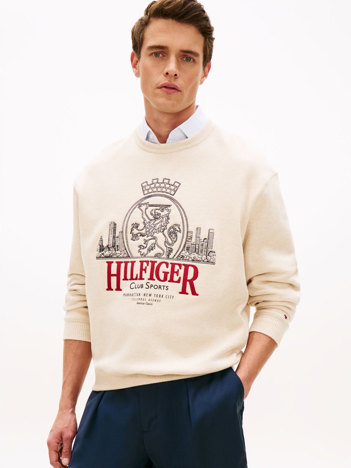 Heritage Crest Embroidery Relaxed Sweatshirt — Beige