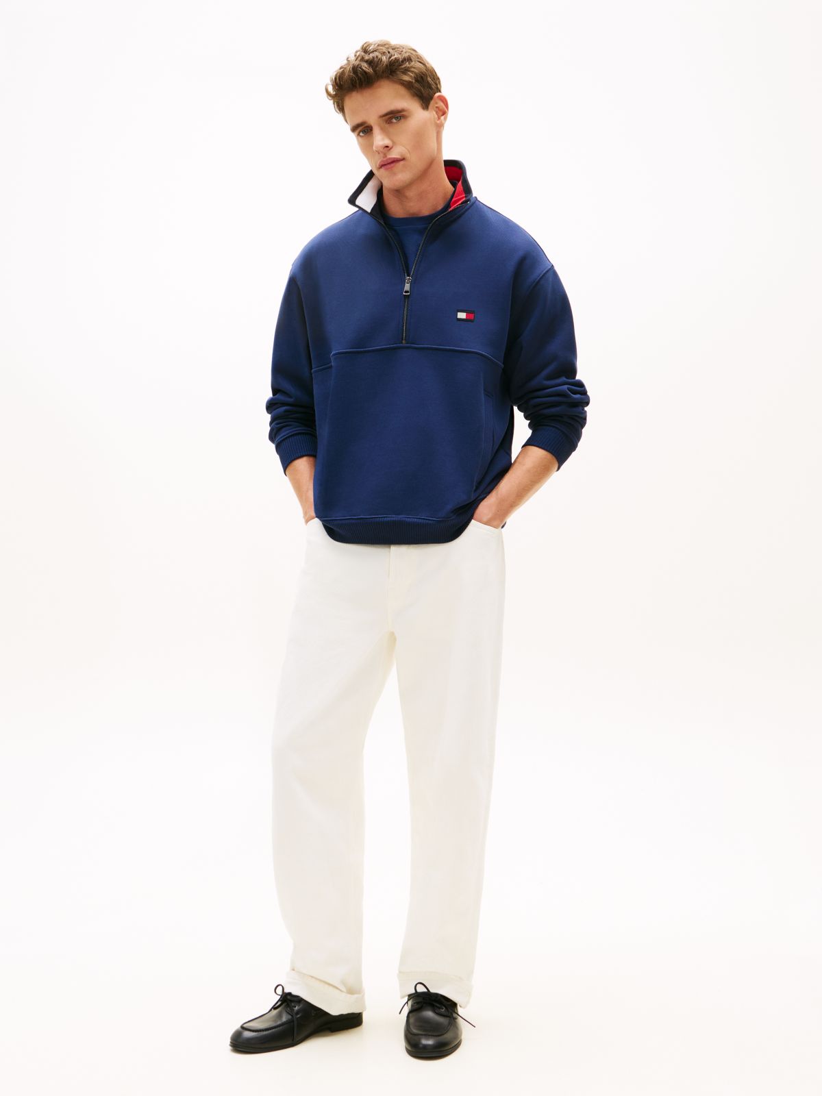Colour-Blocked Collar Terry Quarter-Zip Jumper — Blue