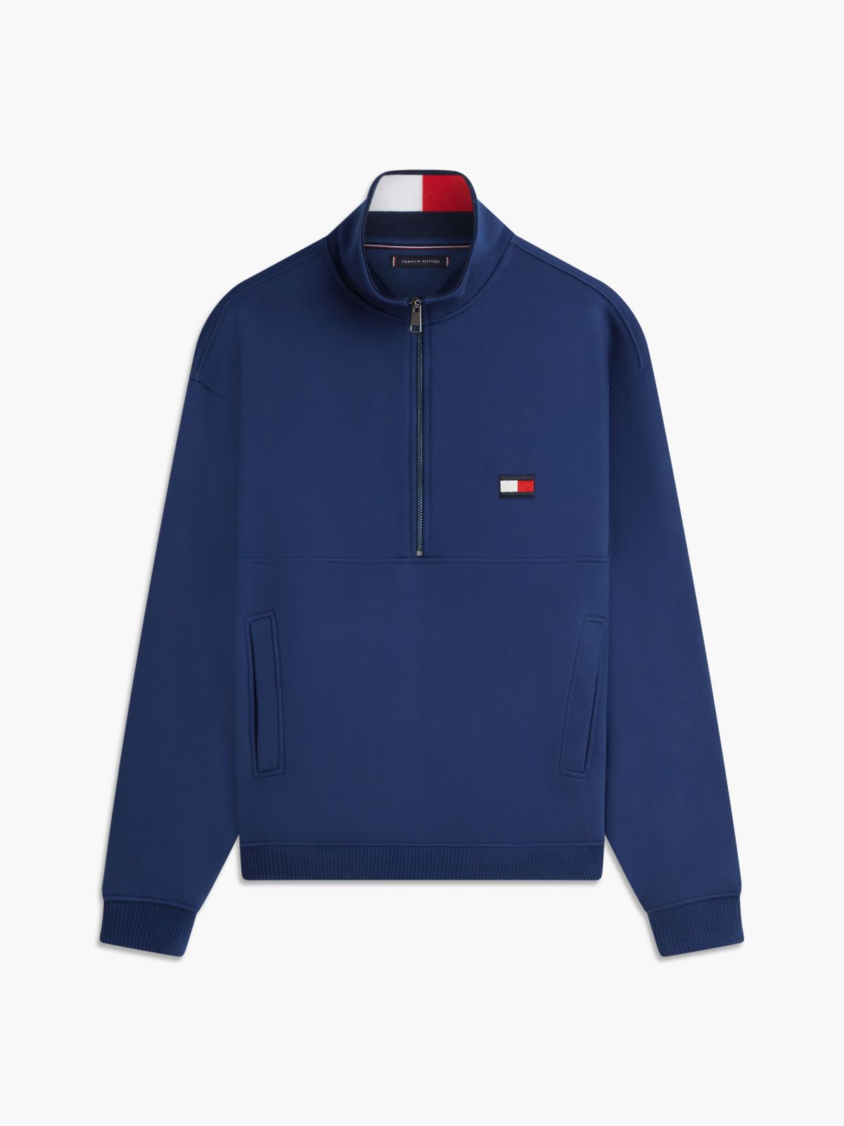 Colour-Blocked Collar Terry Quarter-Zip Jumper — Blue