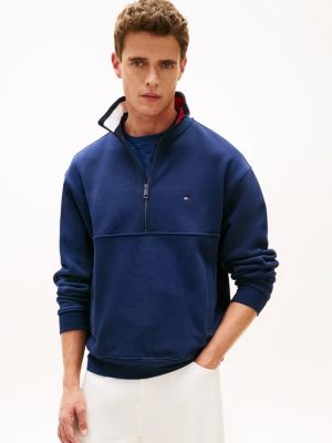 blue terry-pullover mit color block-kragen für herren - tommy hilfiger