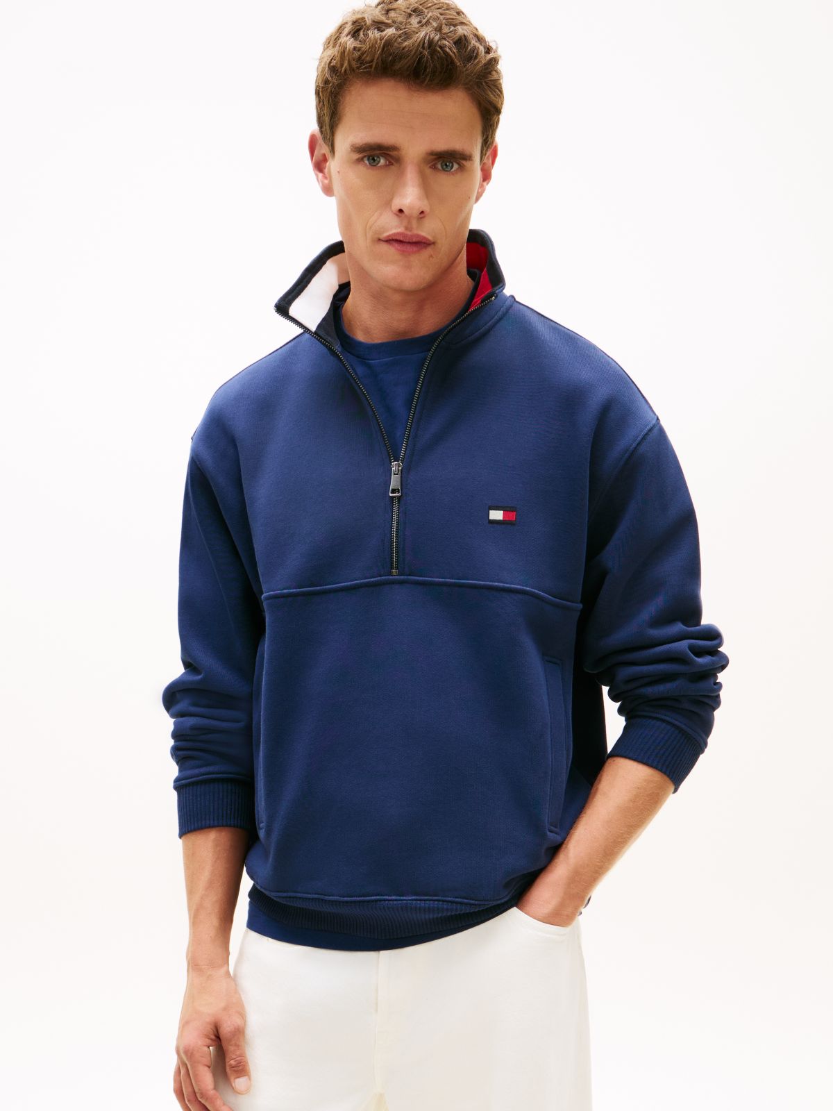 Colour-Blocked Collar Terry Quarter-Zip Jumper — Blue