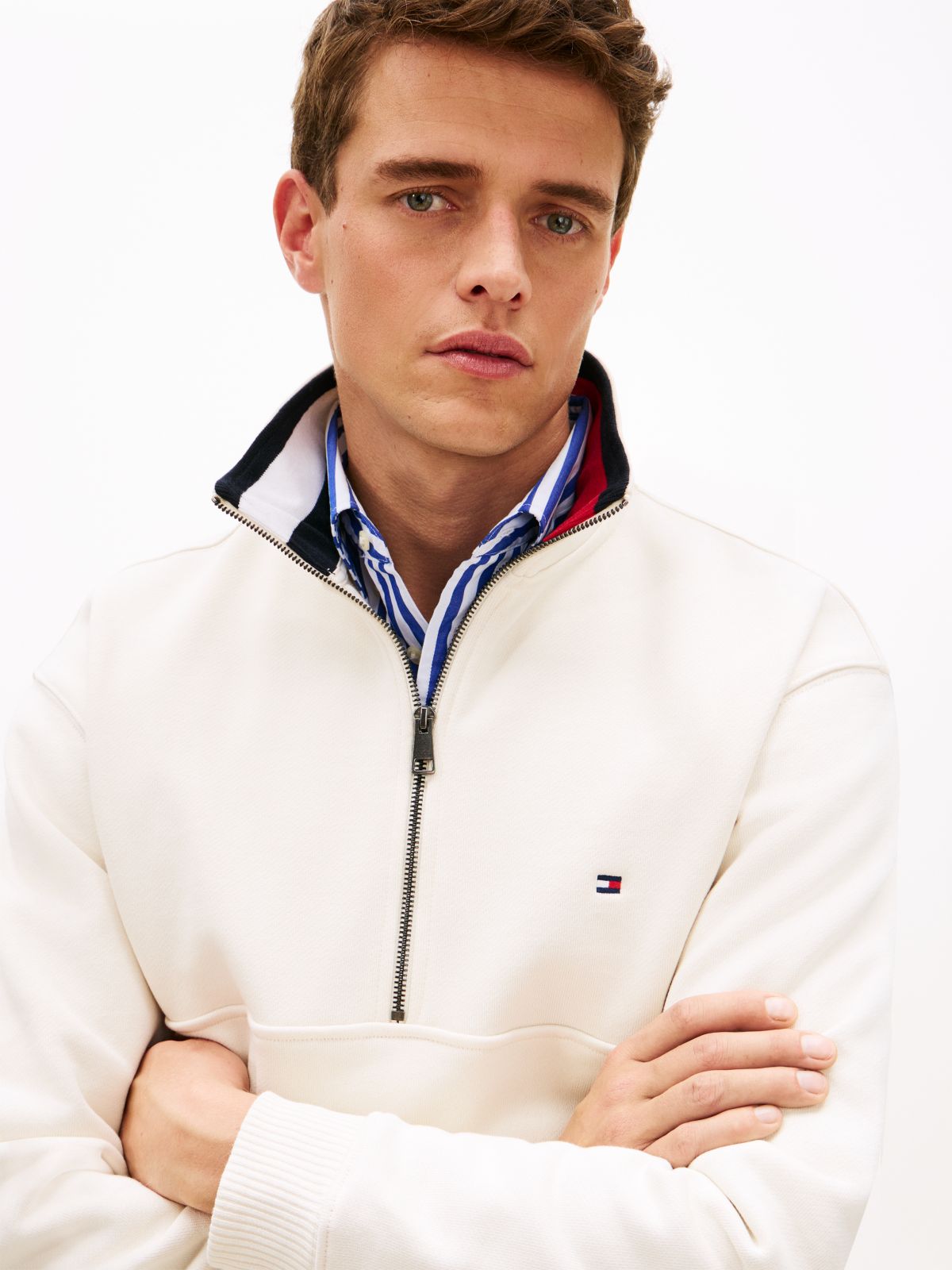 Colour-Blocked Collar Terry Quarter-Zip Jumper — Yellow