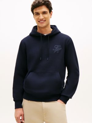 blue terry hoodie met geborduurd logo voor heren - tommy hilfiger