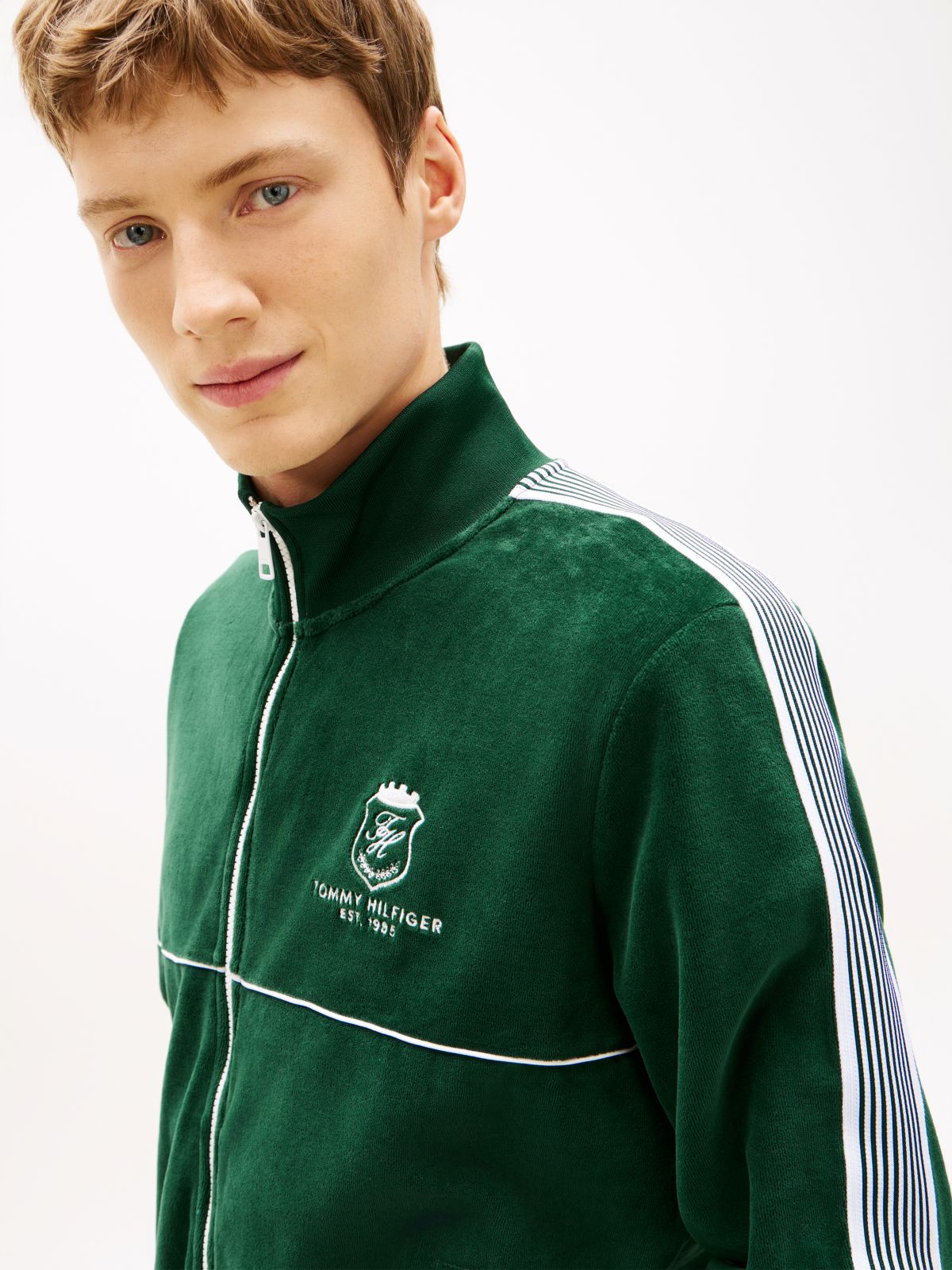 Colour-Blocked Velour Zip-Thru Track Jacket — Green