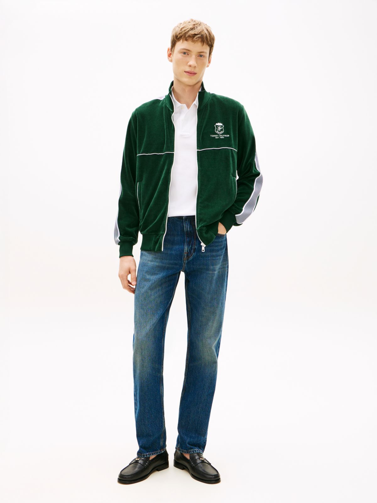 Colour-Blocked Velour Zip-Thru Track Jacket — Green