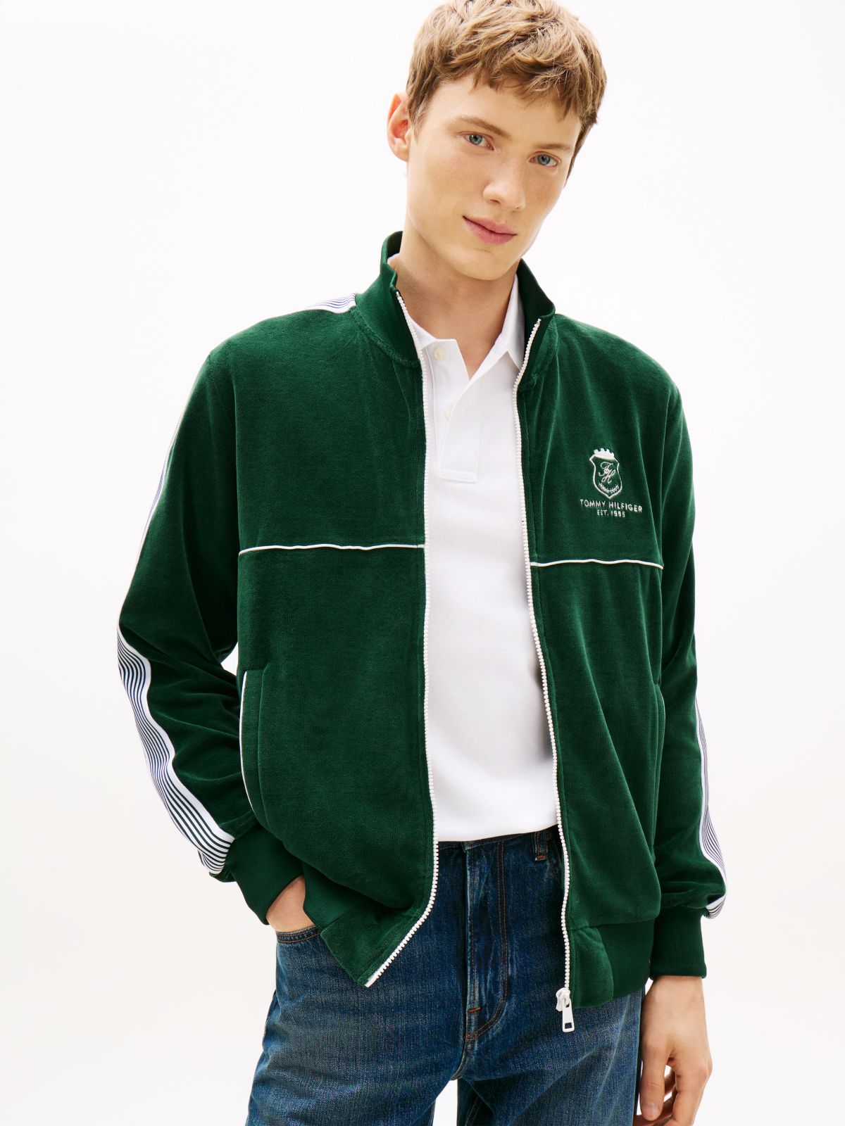 Colour-Blocked Velour Zip-Thru Track Jacket — Green