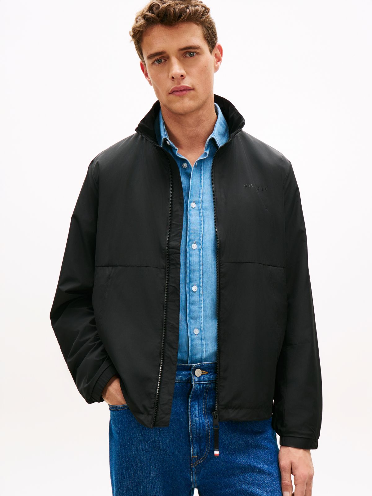 Water Resistant Tonal Logo Zip-Thru Jacket — Black