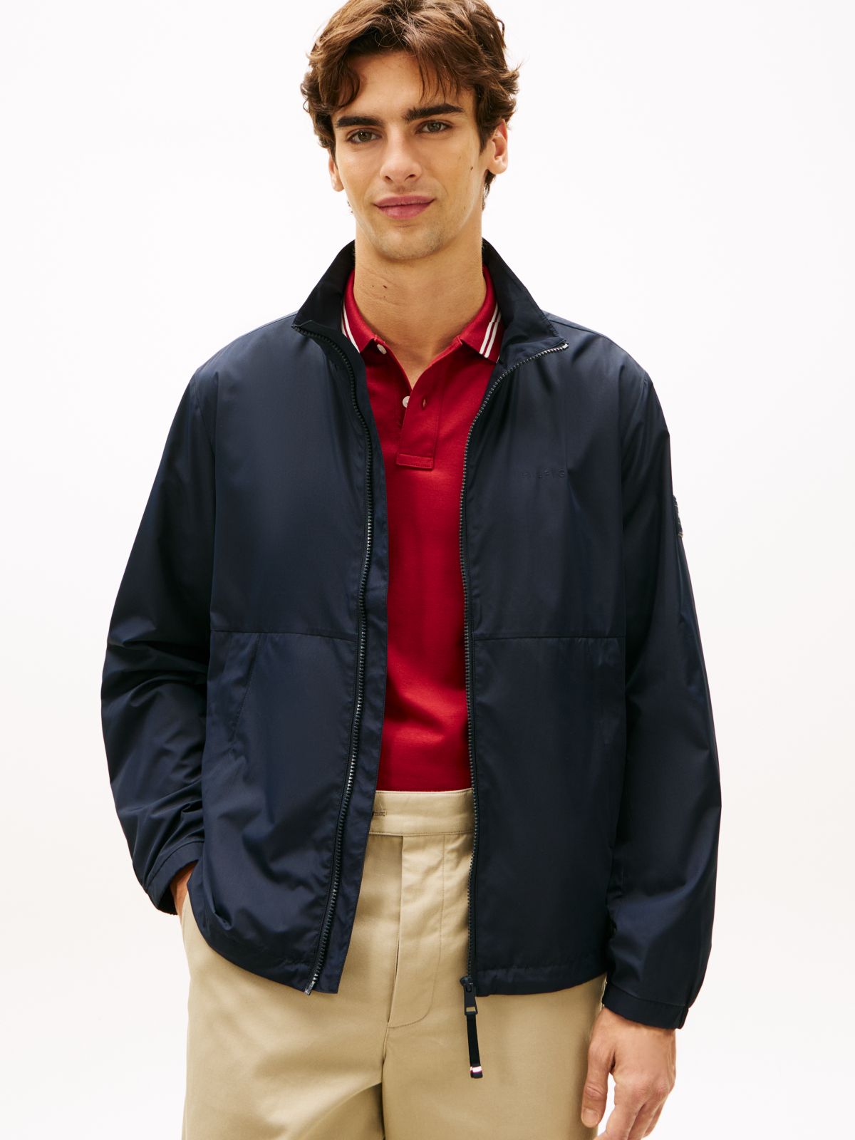 Water Resistant Tonal Logo Zip-Thru Jacket — Blue
