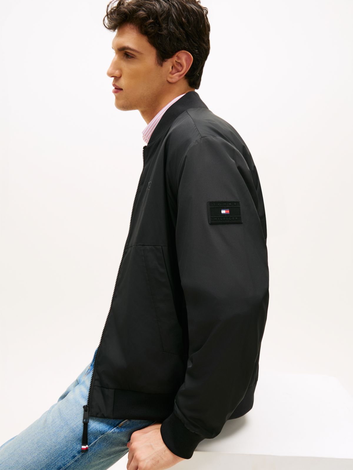 Water Resistant Tonal Logo Bomber Jacket — Black
