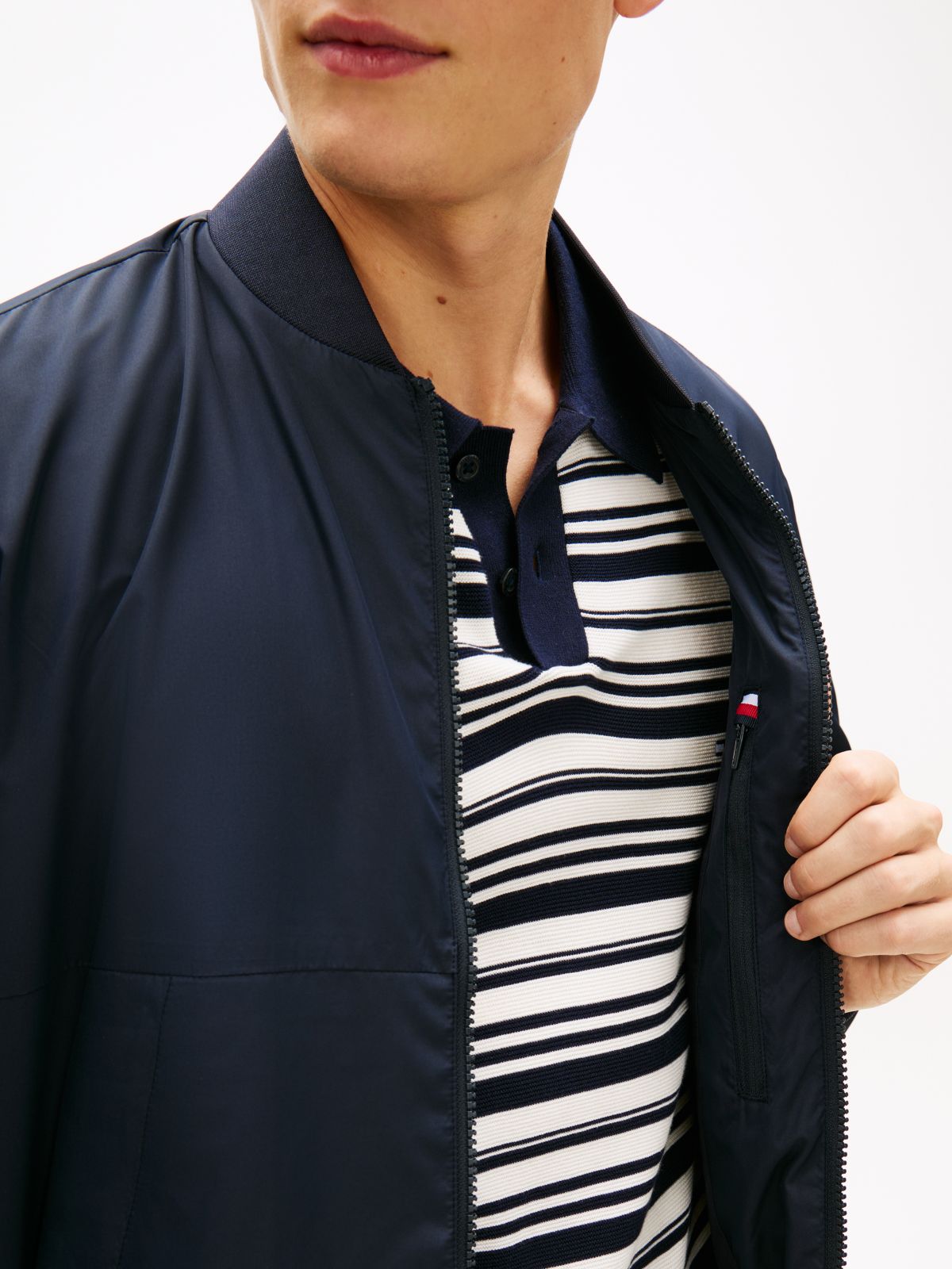 Water Resistant Tonal Logo Bomber Jacket — Blue