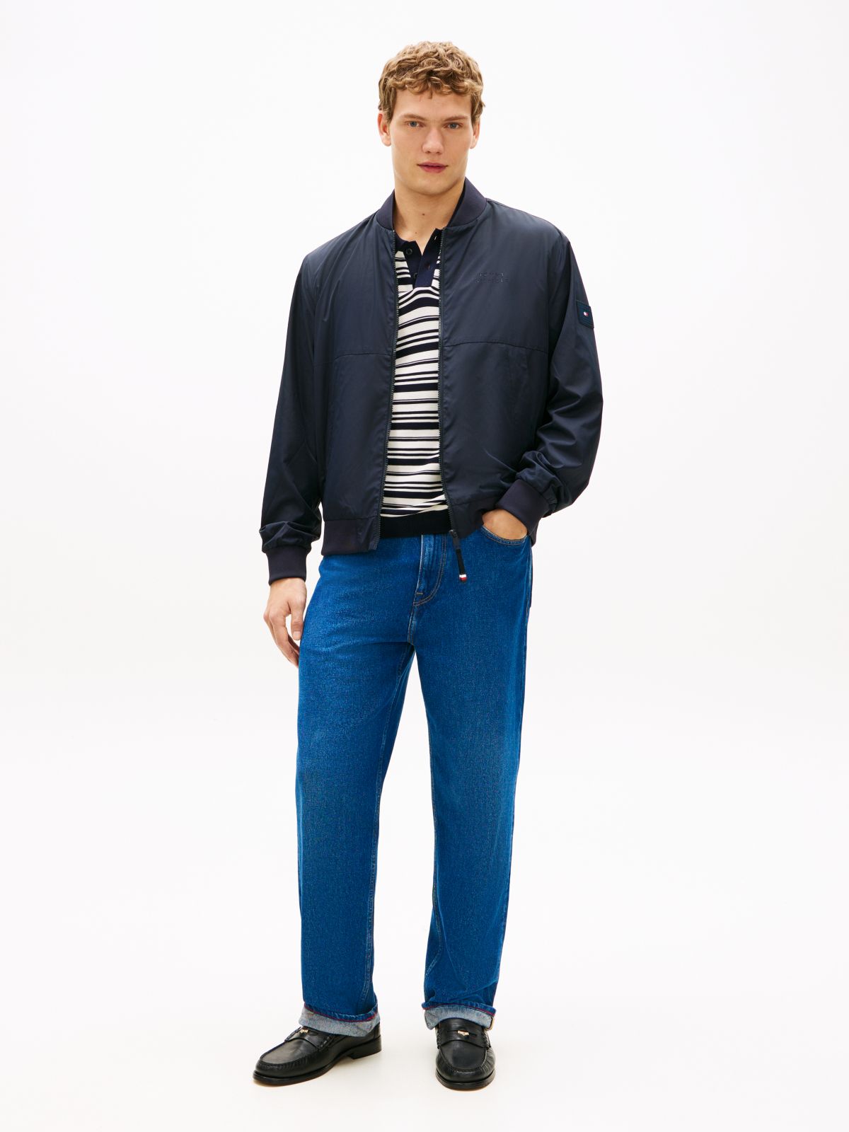 Water Resistant Tonal Logo Bomber Jacket — Blue
