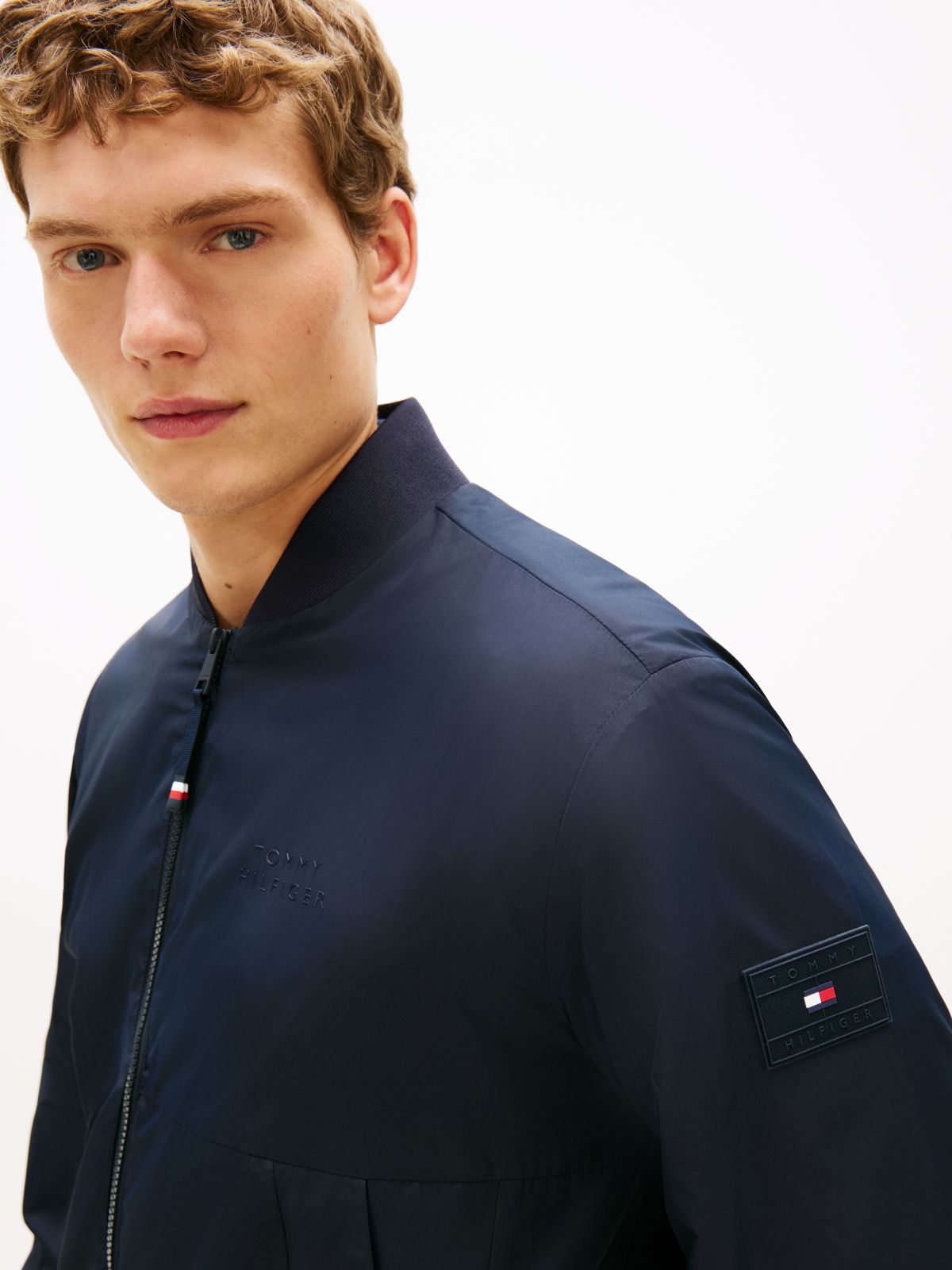 Water Resistant Tonal Logo Bomber Jacket — Blue