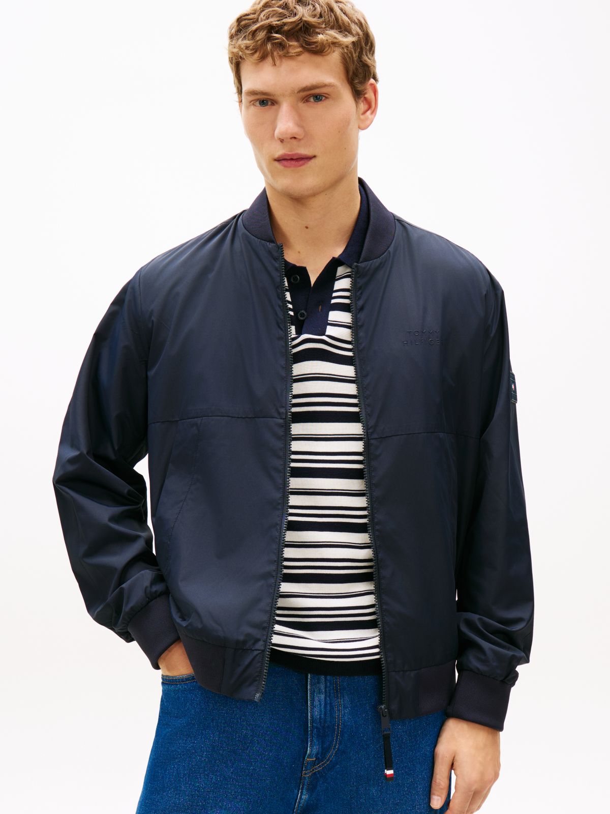 Water Resistant Tonal Logo Bomber Jacket — Blue