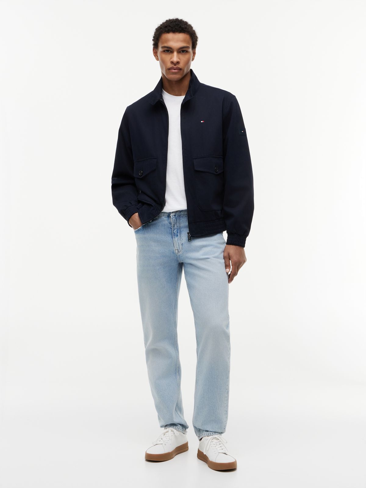 Logo Patch Zip-Thru Harrington Jacket — Blue