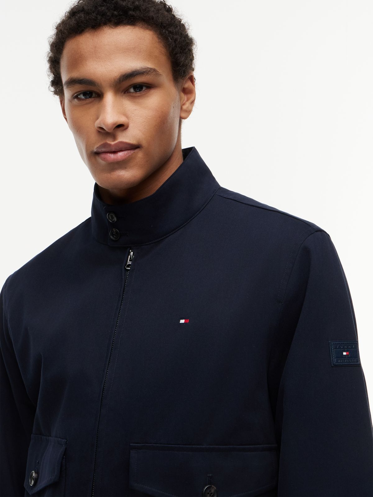 Logo Patch Zip-Thru Harrington Jacket — Blue