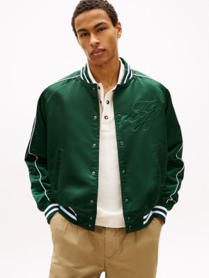 green logo embroidery relaxed varsity jacket for men tommy hilfiger