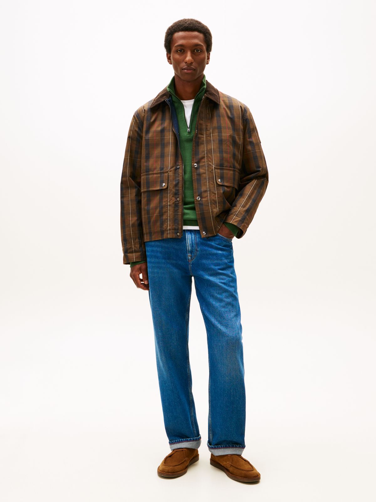 Waxed Tartan Check Relaxed Barn Jacket — Beige