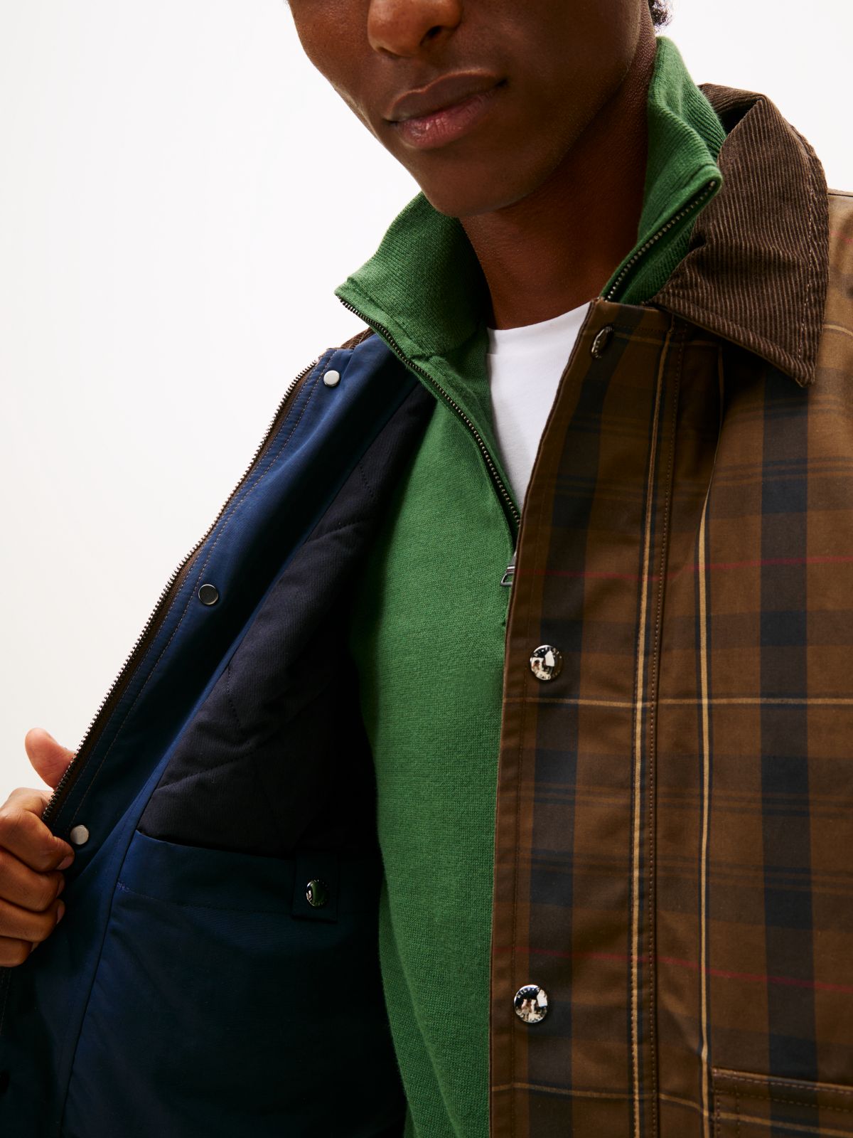 Waxed Tartan Check Relaxed Barn Jacket — Beige