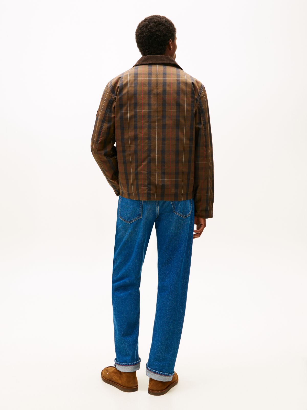 Waxed Tartan Check Relaxed Barn Jacket — Beige