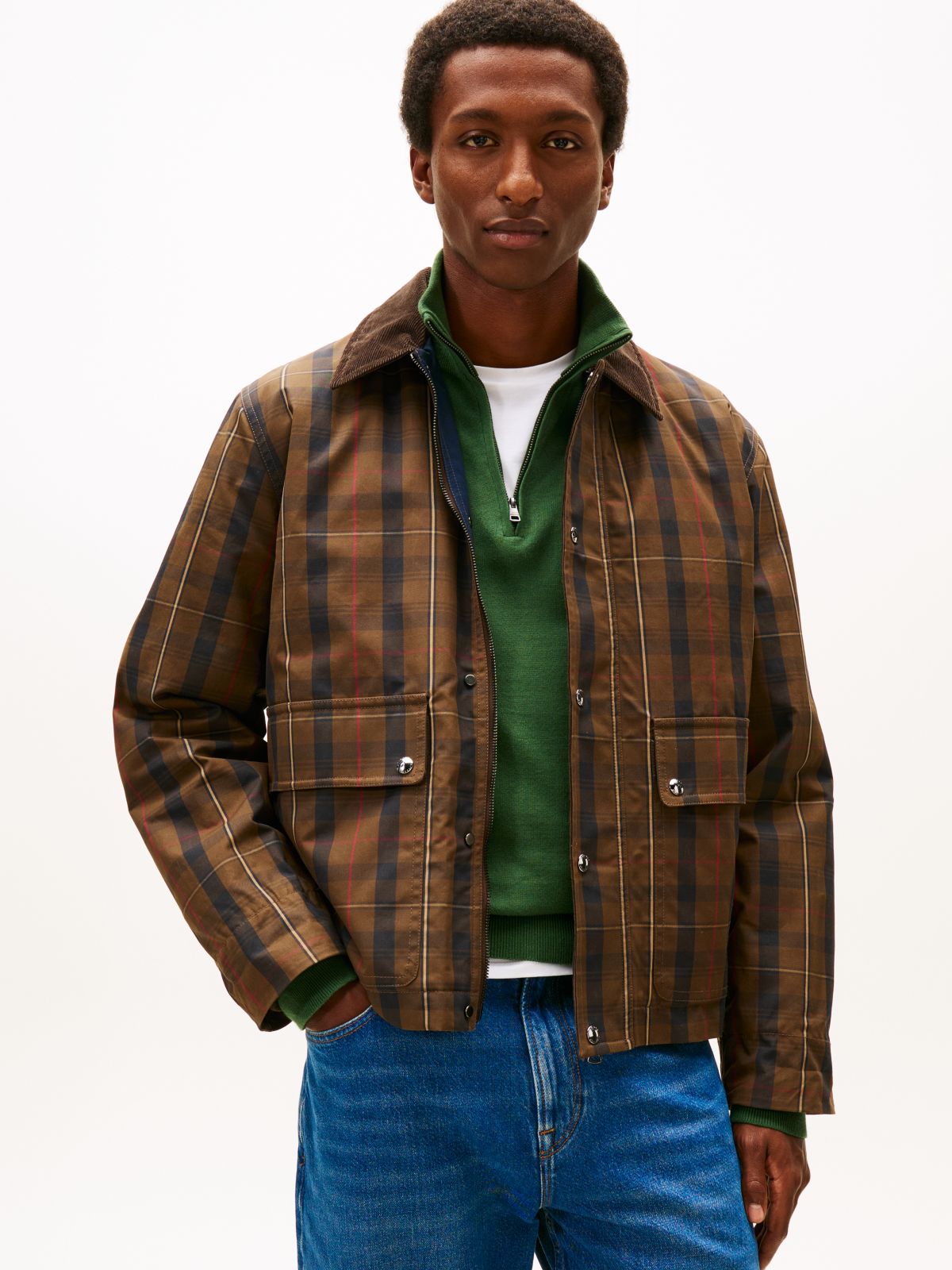 Waxed Tartan Check Relaxed Barn Jacket — Beige