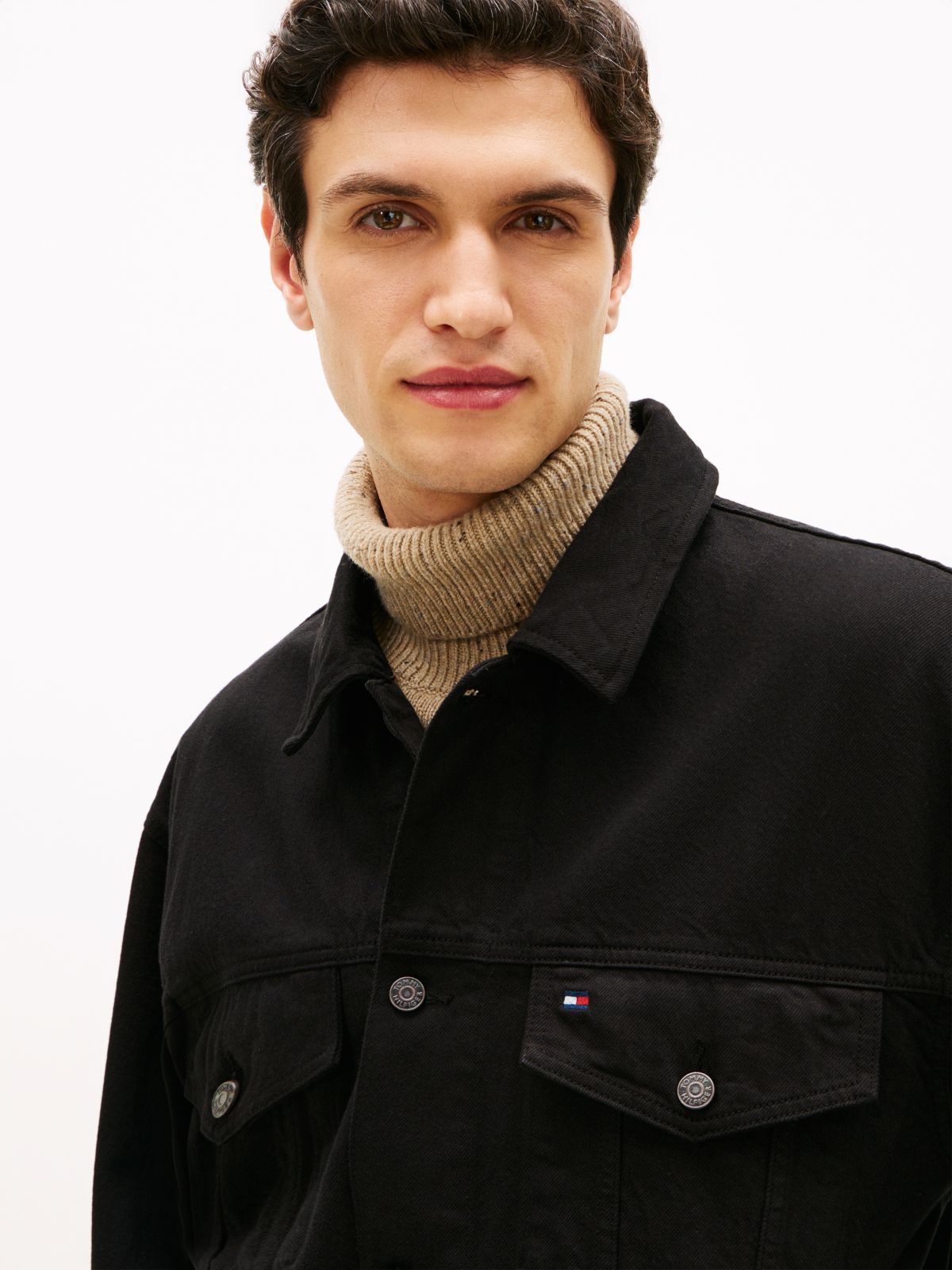 Relaxed Washed Denim Trucker Jacket — Black