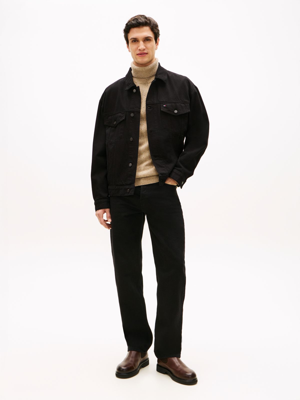 Relaxed Washed Denim Trucker Jacket — Black
