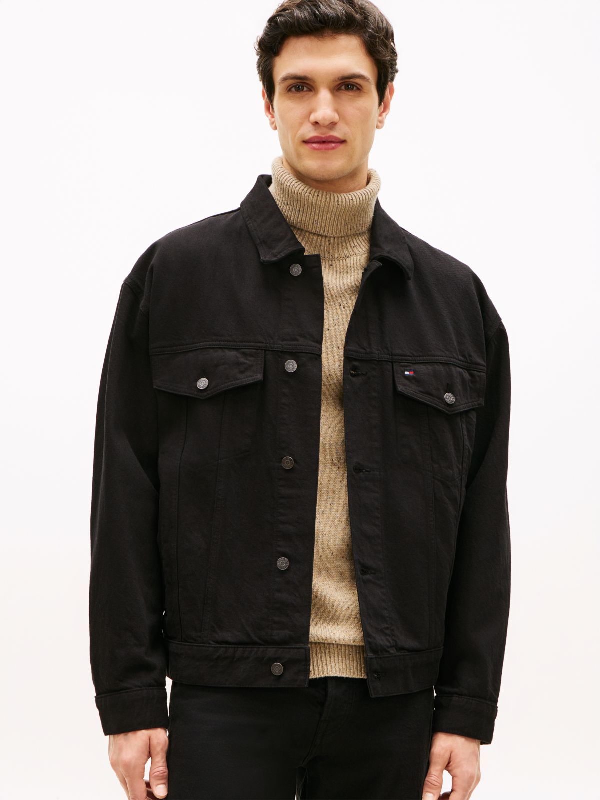 Relaxed Washed Denim Trucker Jacket — Black