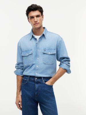 blue relaxed fit jeanshemd mit fade-effekt für herren - tommy hilfiger