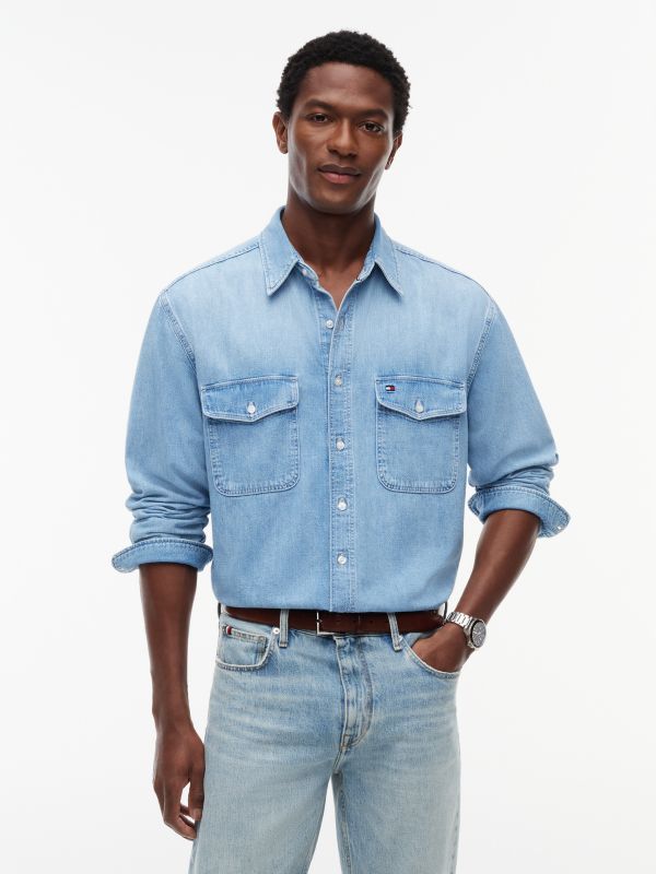 Relaxed Fit Faded Denim Shirt — Blue