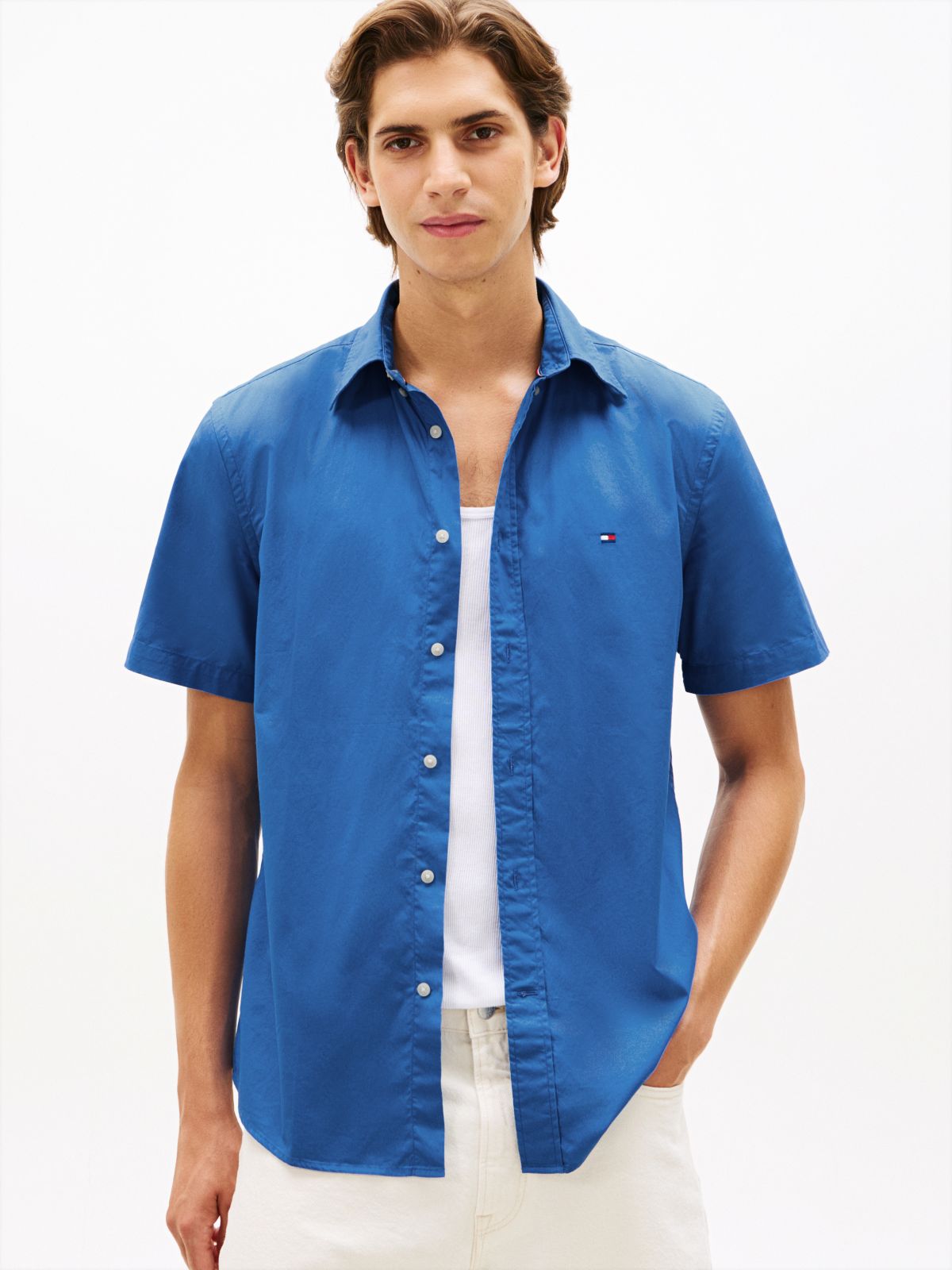 TH Flex Regular Fit Poplin Short Sleeve Shirt — Blue