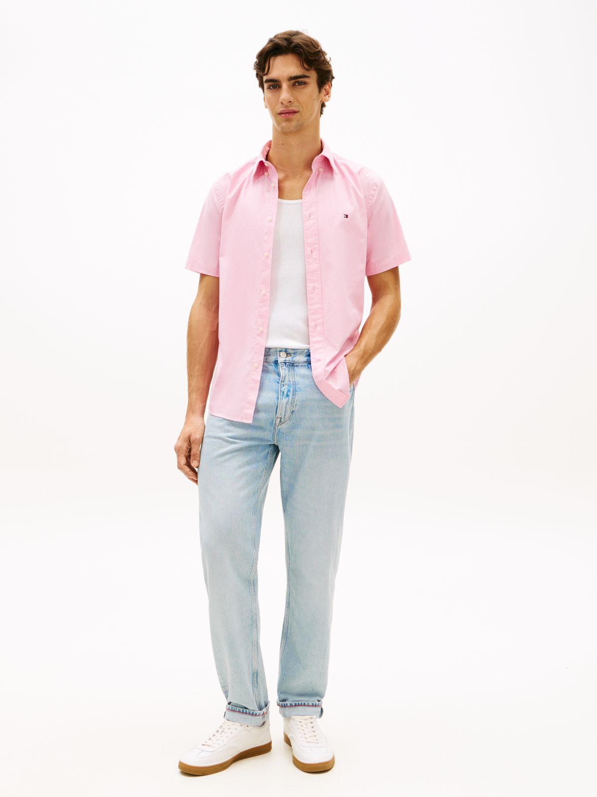 TH Flex Regular Fit Poplin Short Sleeve Shirt — Pink