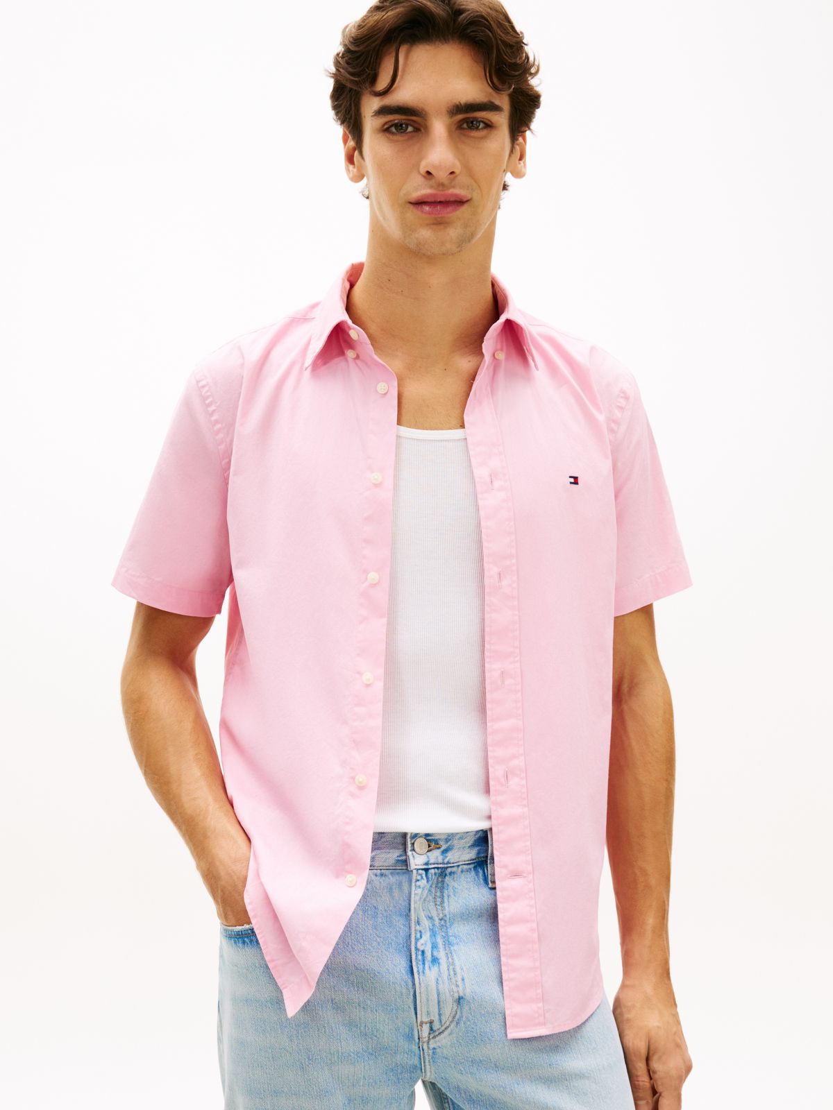 TH Flex Regular Fit Poplin Short Sleeve Shirt — Pink