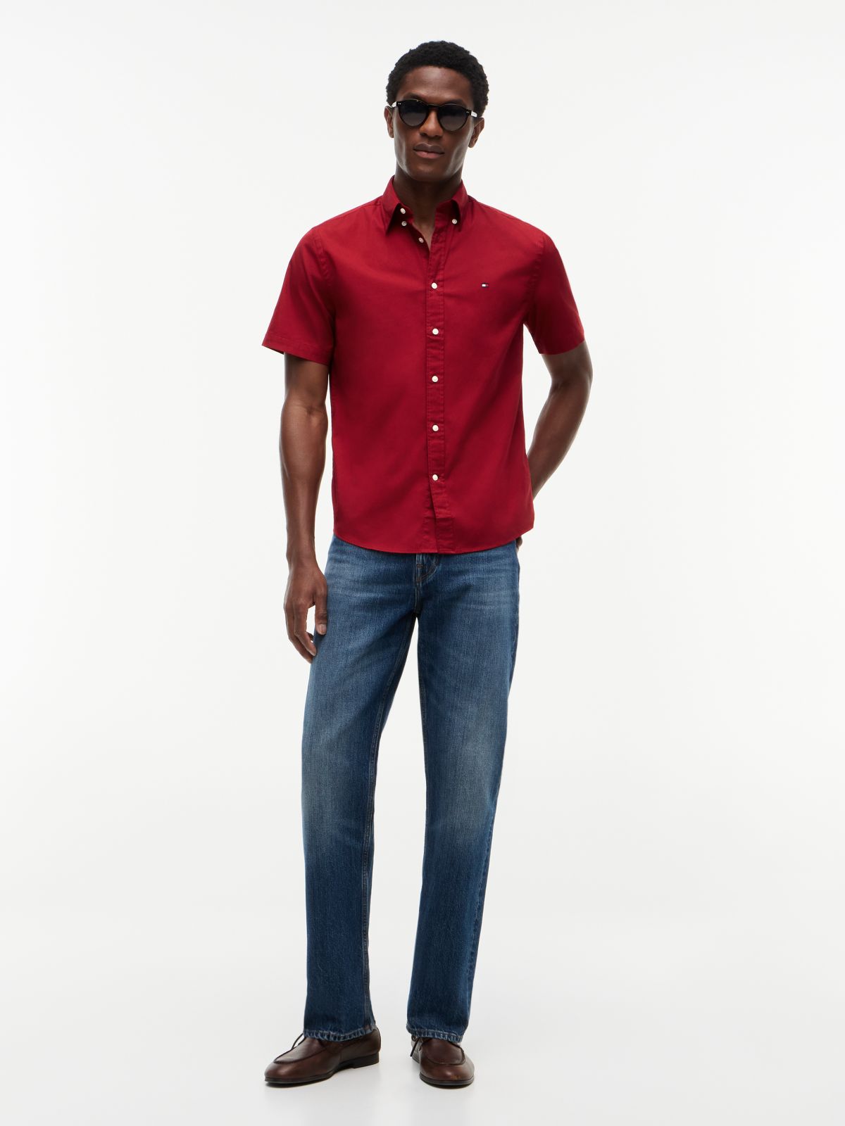 TH Flex Regular Fit Poplin Short Sleeve Shirt — Red