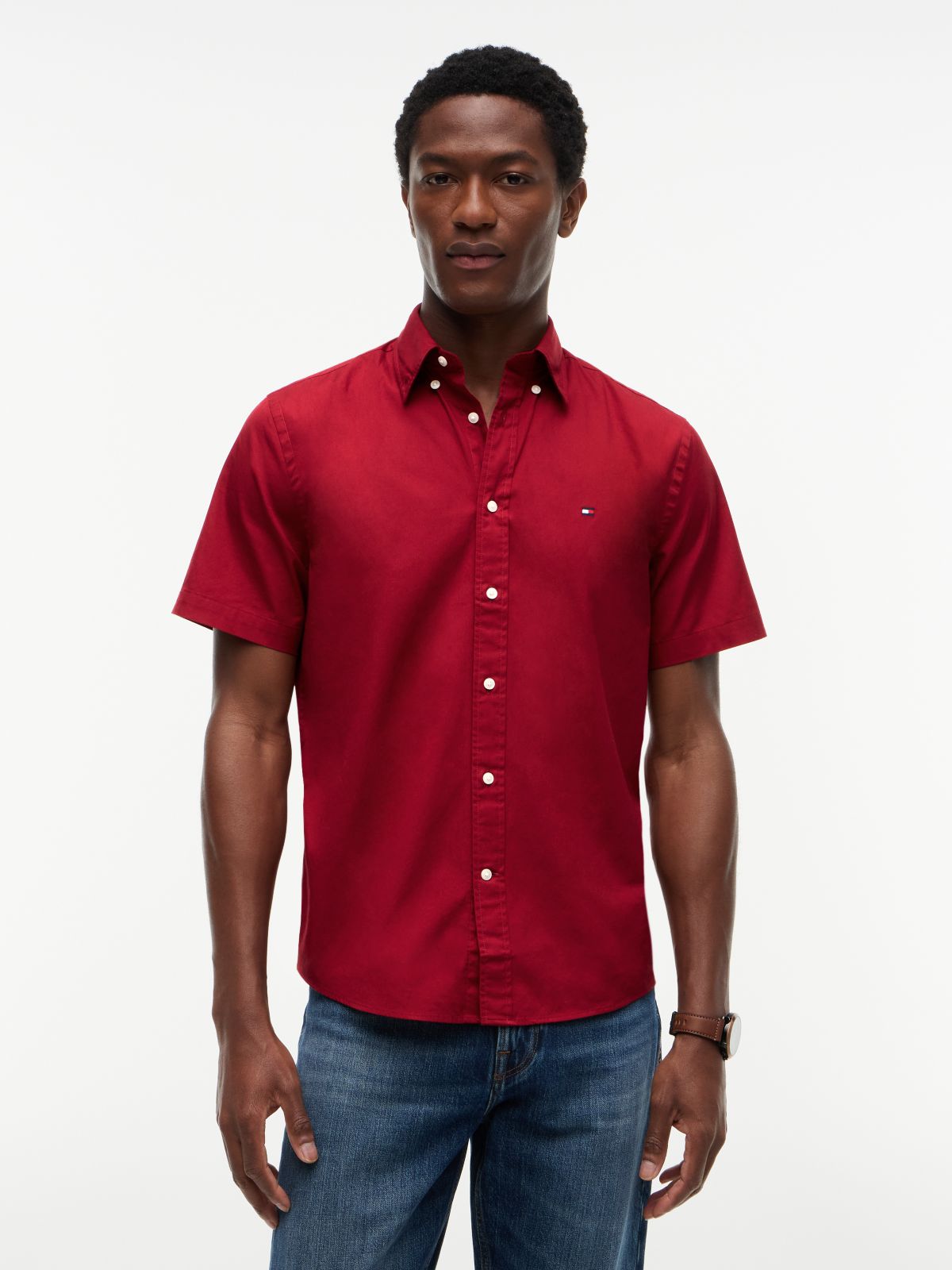 TH Flex Regular Fit Poplin Short Sleeve Shirt — Red