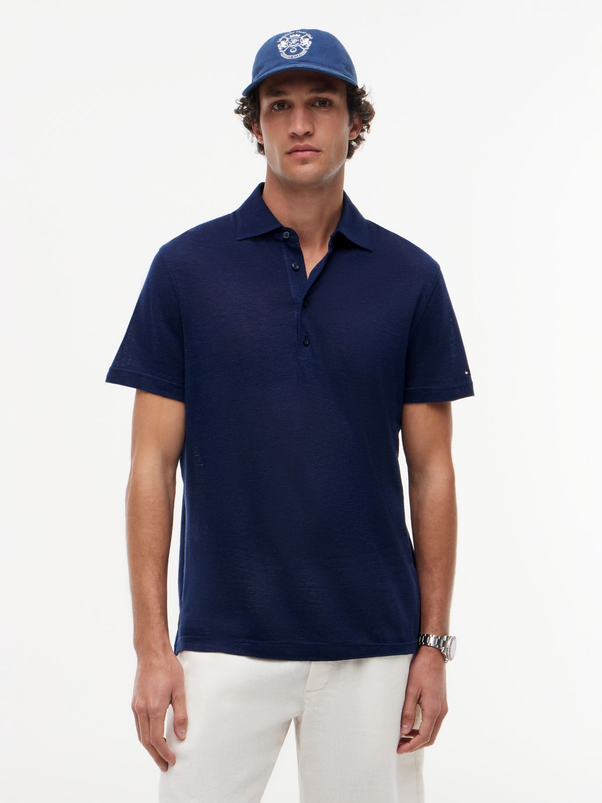 New York Label Regular Fit Linen Blend Polo Shirt — Blue