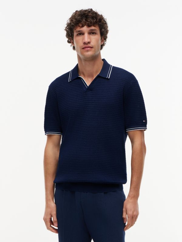 New York Label Regular Tipped Collar Polo Shirt — Blue