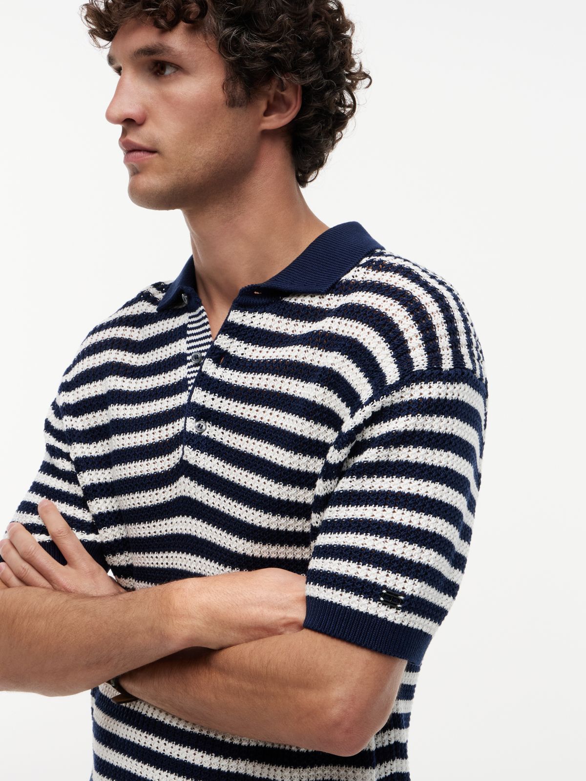 New York Label Relaxed Fit Knit Polo Shirt — Blue