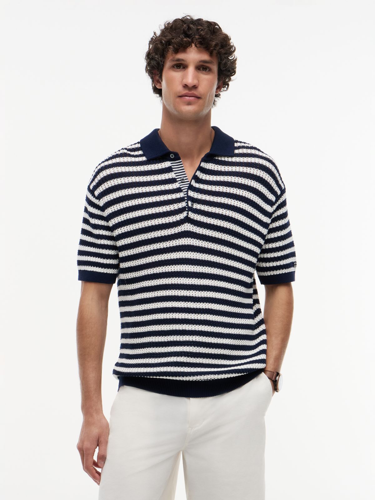 New York Label Relaxed Fit Knit Polo Shirt — Blue