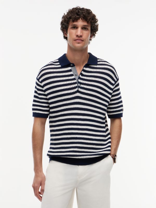 New York Label Relaxed Fit Knit Polo Shirt — Blue