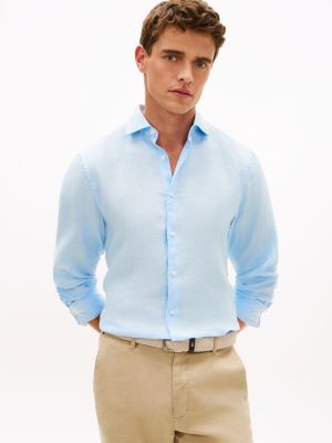 blue smart casual slim fit pure linen shirt for men tommy hilfiger