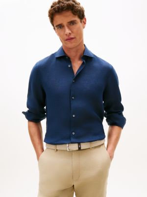 blue smart casual slim fit pure linen shirt for men tommy hilfiger