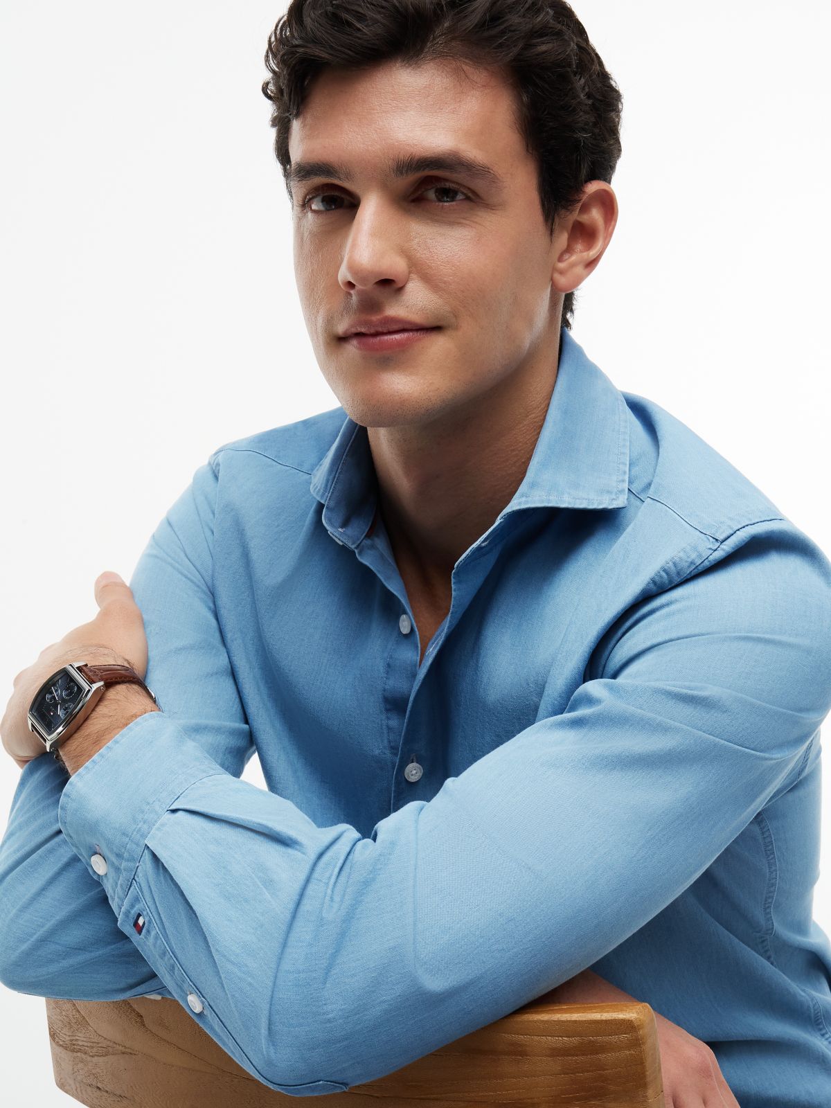New York Label Slim Fit Denim Shirt — Blue