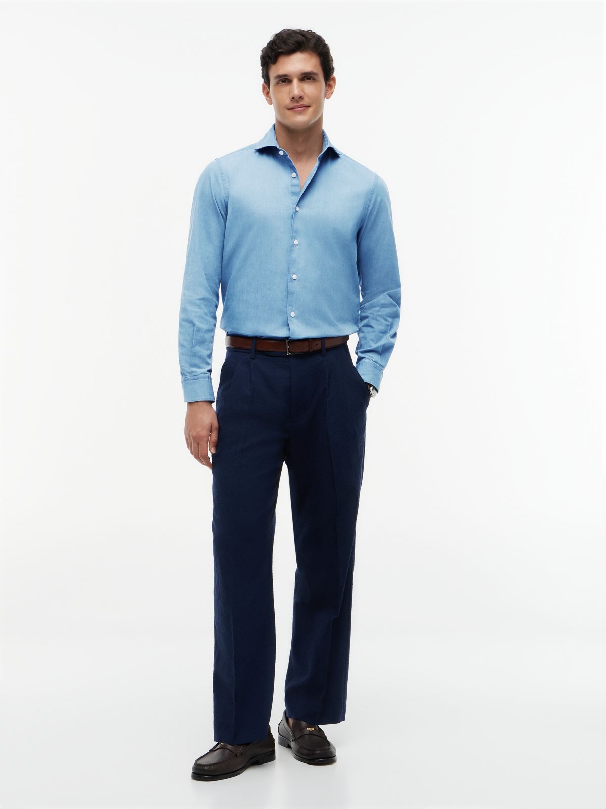 New York Label Slim Fit Denim Shirt — Blue