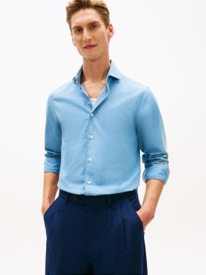 blue smart casual slim fit denim shirt for men tommy hilfiger