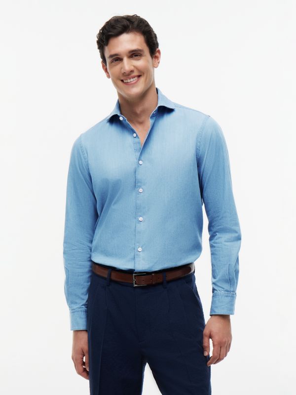 New York Label Slim Fit Denim Shirt — Blue
